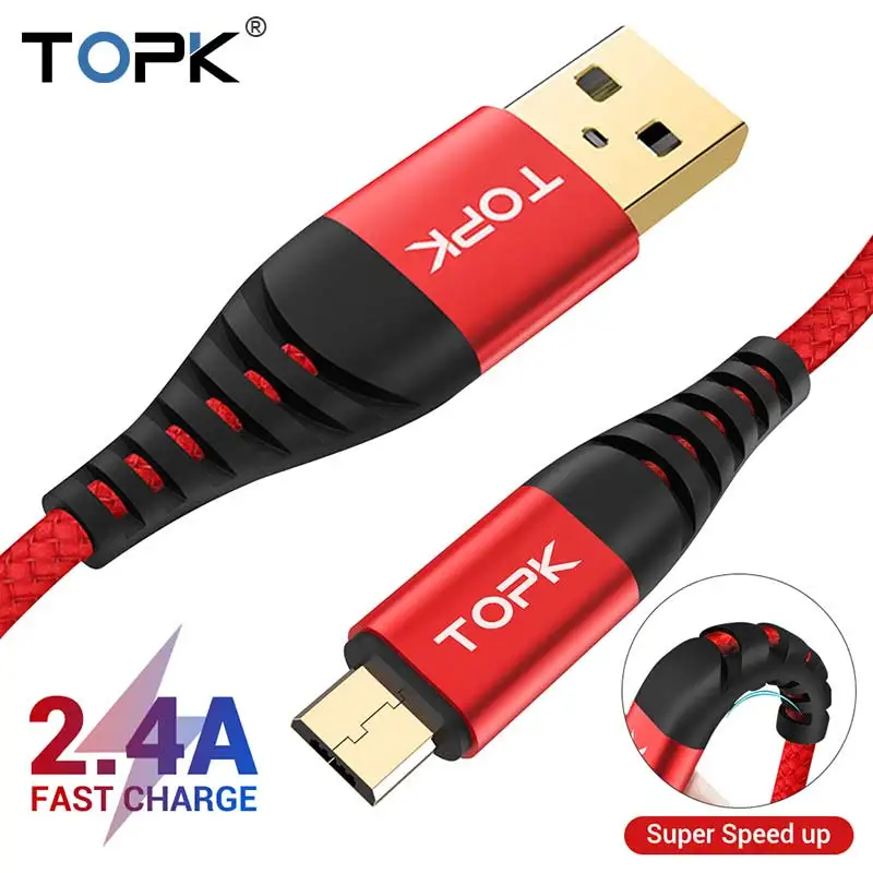 TOPK Hi-Tensile Micro USB Cable Nylon Braid Data Cable For Samsung Galaxy S7 edge S6 Xiaomi Redmi Note 5 Mobile Phone Cables TOPK Hi-Tensile Micro USB Cable Nylon Braid Data Cable For Samsung Galaxy S7 edge S6 Xiaomi Redmi Note 5 Mobile Phone Cables