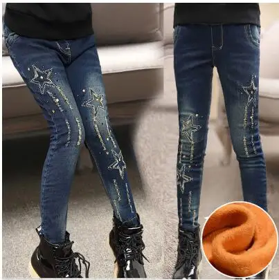 Коллекция года, зимняя детская одежда джинсы для девочек повседневные узкие джинсы из плотного флиса для маленьких девочек, джинсы для крупных детей, длинные штаны - Цвет: F624 fleece jeans