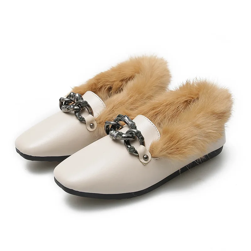 

Winter Plush Flats Shoes Woman Fur Warm Snow Boots Genuine Leather Wool Lady Ankle Boots Plus Size Crystal Moccasins Footwear