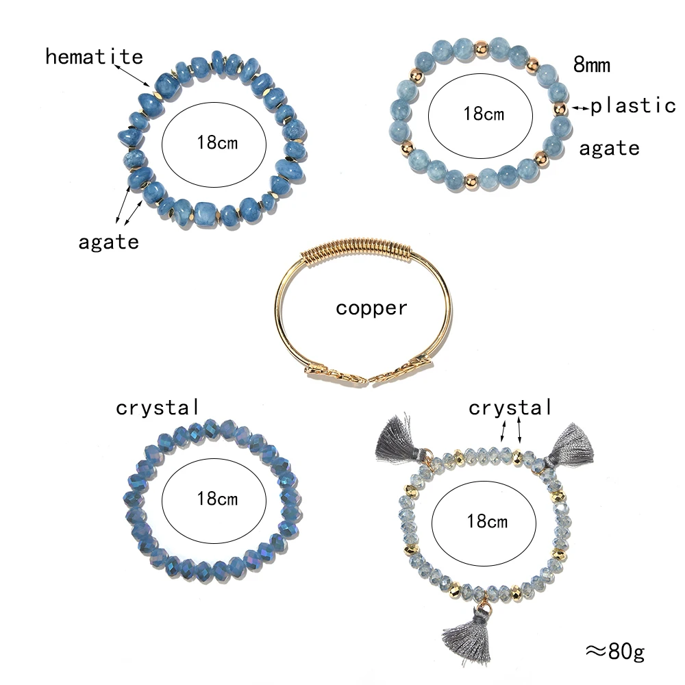 NEW Fashion Multilayer Women Bracelets & Bangles Golden Leaf Open Cuff Natural Stone Crystal Bracelet Set Lady Jewelry BCSET320