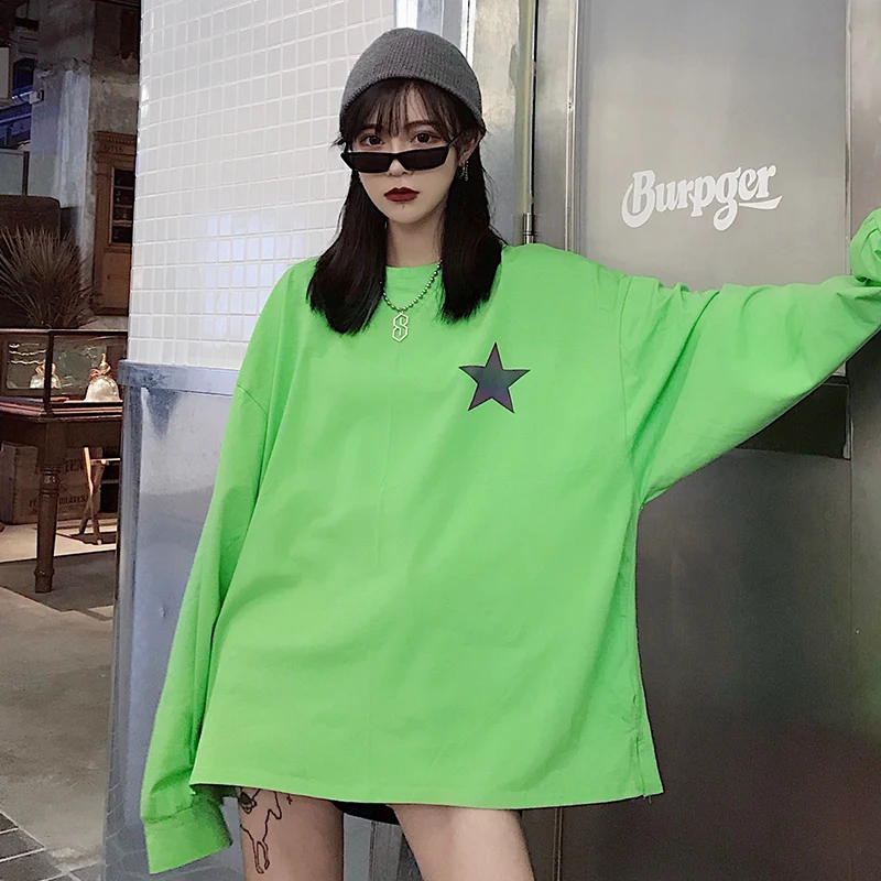 Женские футболки, топы, японские Kawaii, для девушек, Ulzzang, с принтом, светоотражающие, с длинным рукавом, футболка, женская, Harajuku, одежда для женщин