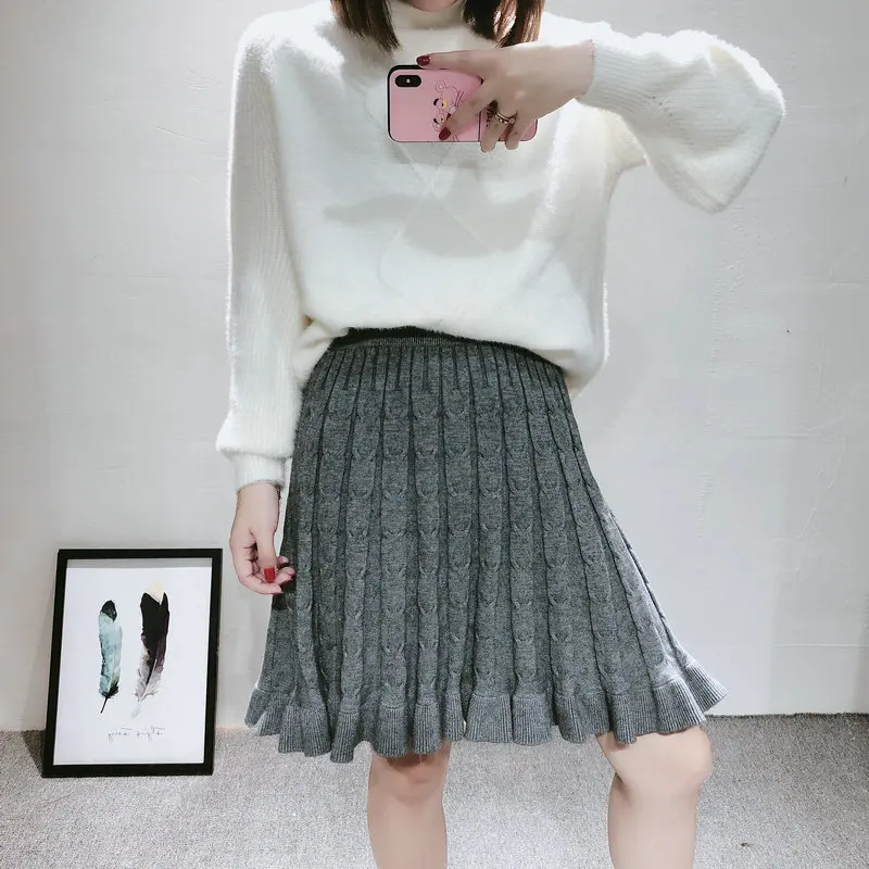 

High-waisted Short Skirt Women's 2018 Autumn And Winter New Style Frilled Base Versatile Slimming Yarn Knitted Skirt A- line Ski