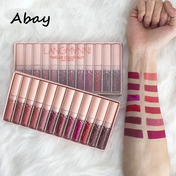 

Abay New 12Pcs/set Liquid Matte Women Lipstick Makeup Tint Long Lasting Waterproof Lip Gloss Nude Lip Kit Women Makeup