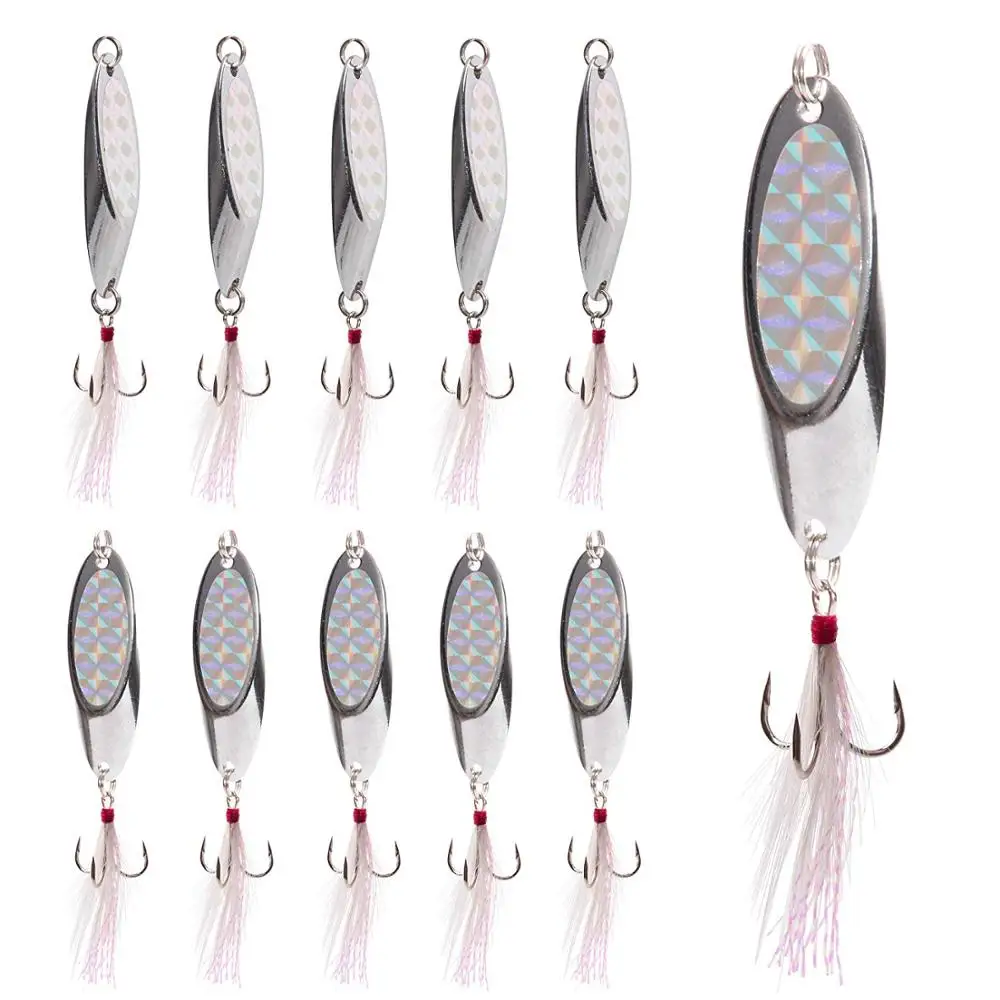 

10pcs Metal Spoon Fishing Lures Spinner Baits For Trout Bass Saltwater Freshwater With Feather Treble Hooks 5g-28g