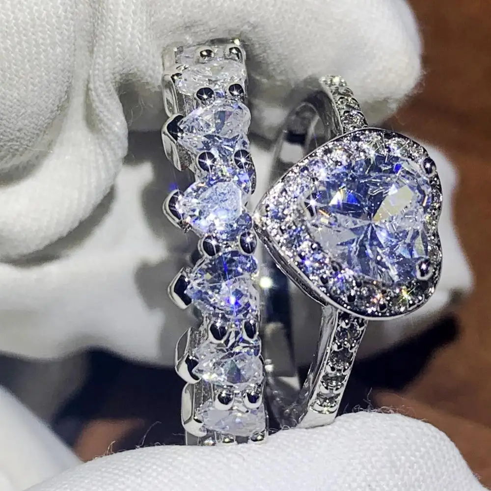 Сверкающие Роскошные ювелирные изделия 925 Серебряный в форме сердца 5A кубический цирконий обещающее кольцо Женское Обручальное кольцо набор подарок