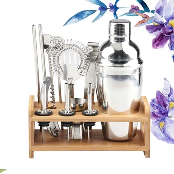 

1 Set Stainless Steel Cocktail Kit Wooden Base Cocktail Mixing Kit Drink Mixer Bartender Tools (250ML)