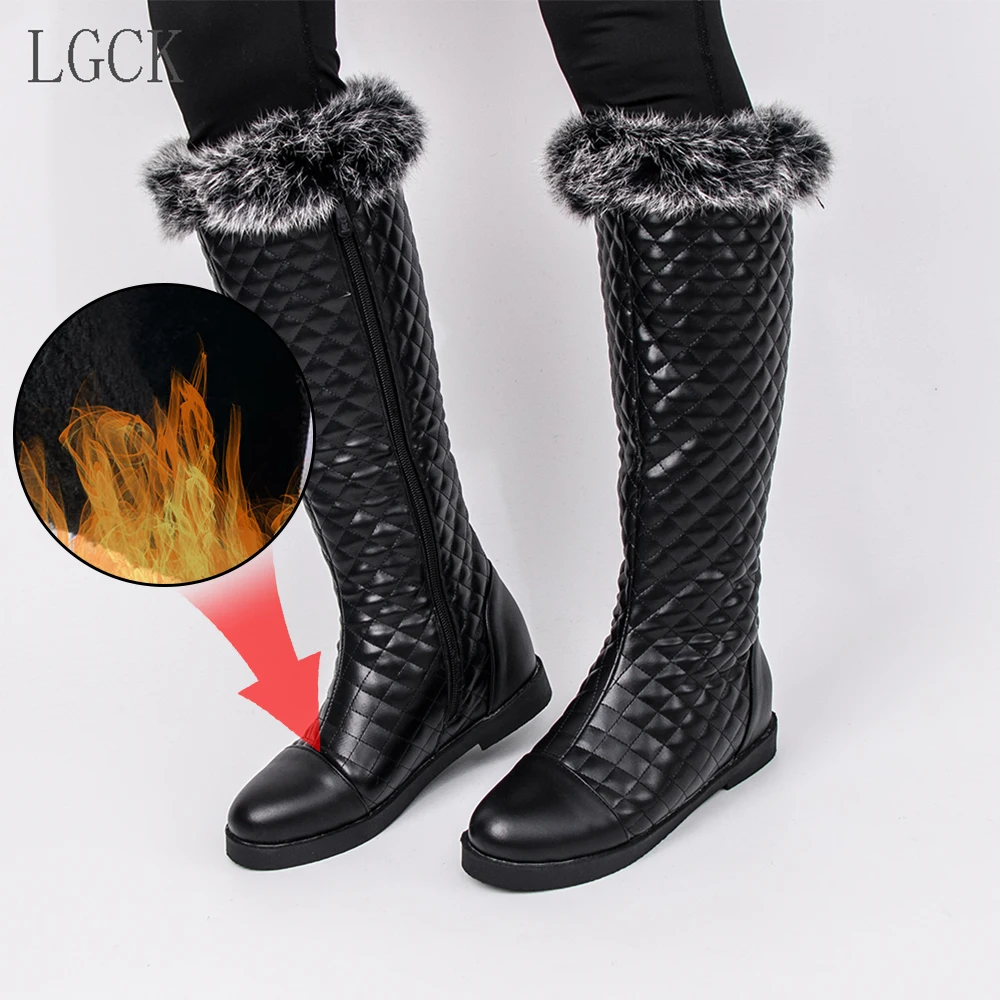 Plus Size 34-46 Fashion Winter Warm Plush Knee High Boots Women Comfy Flat Heel Snow Boots Rabbit Fur Woman Long Boots Shoes