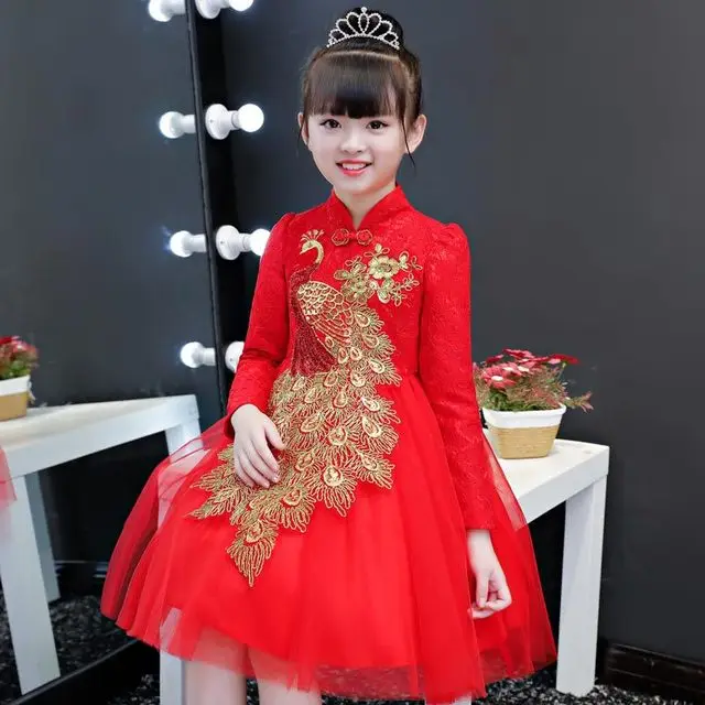 Детское китайское платье традиционный костюм для выступлений с воротником-стойкой Многослойные сетчатые фатиновые платья красное кружевное платье с буфом на рукавах для принцессы, платье для выпускного вечера - Цвет: ThinR