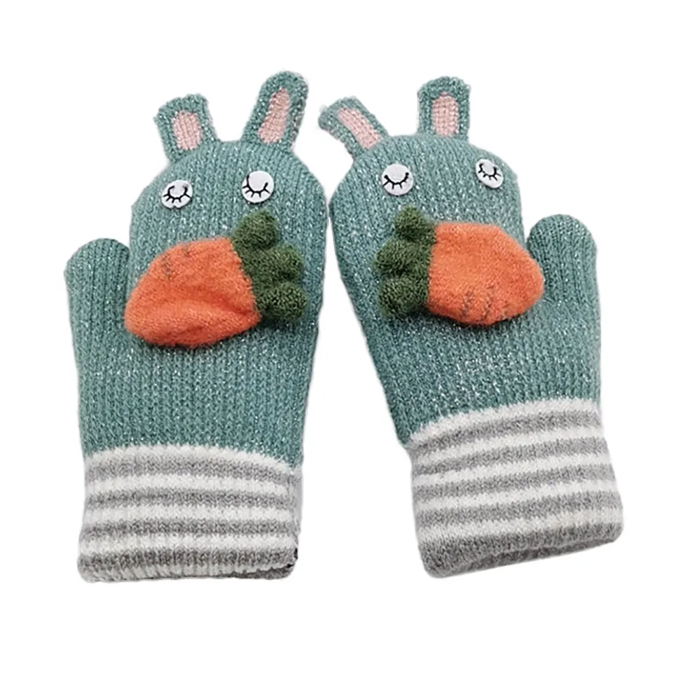 Милые модные детские перчатки для маленьких девочек и мальчиков; зимние однотонные перчатки с изображением оленьих рогов; топ в полоску с принтом редиски - Цвет: Зеленый