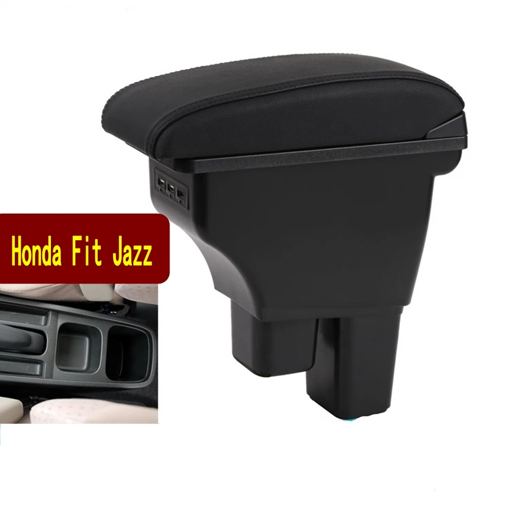 Htostar Center Console Armrest For Honda Fit/Jazz 2009-2013 - With USB Ports & Storage Box (Black)