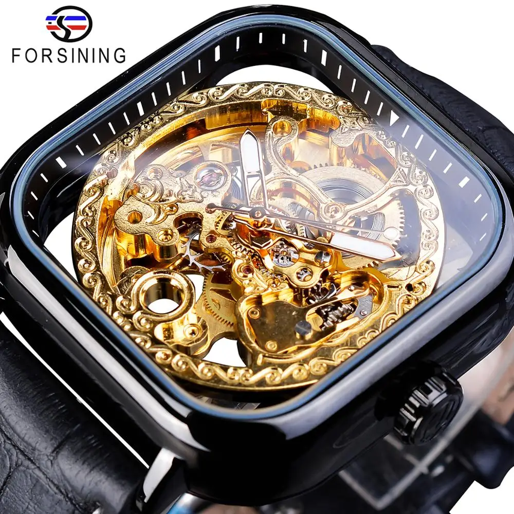 

Forsining New Arrivals Black Square Mechanical Watch Automatic Skeleton Transparent Genuine Leather Band Wristwatch Montre Homme