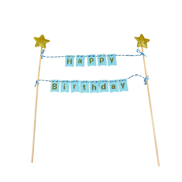 1Set Happy Birthday Cake Toppers Banner Flag Baby Shower Birthday Party Cupcake Topper Kids Girl Boy Birthday Cake Decorations blue