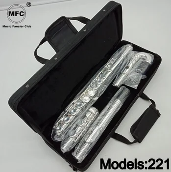 Professional Flute 221 Silver Plated Flute Instrument Intermediate Student Curved Headjoint Flutes C Leg 16 Holes Closed E Key