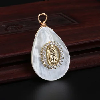 

white clear cz glass crystal paved Virgin Mary religious charm natural white water drop shell pendant choker necklace for women