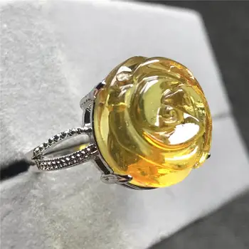 

15mm Real Natural Yellow Amber Flower Carved Ring For Woman Lady Man Beads Gemstone Silver Fashion Jewelry Adjustable Ring AAAAA