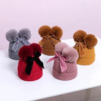 

Double Pompom Warm Thicker Children Infant Beanie Cap Baby Hat Winter Knitted Kids Baby Girl Wool Hat Baby Supplies