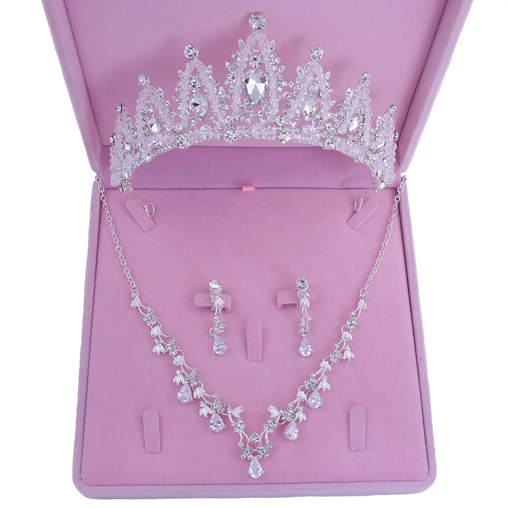 Ашион кристалл горный хрусталь ожерелье серьги корона цветок Ювелирные наборы для свадьбы свадебные вечерние