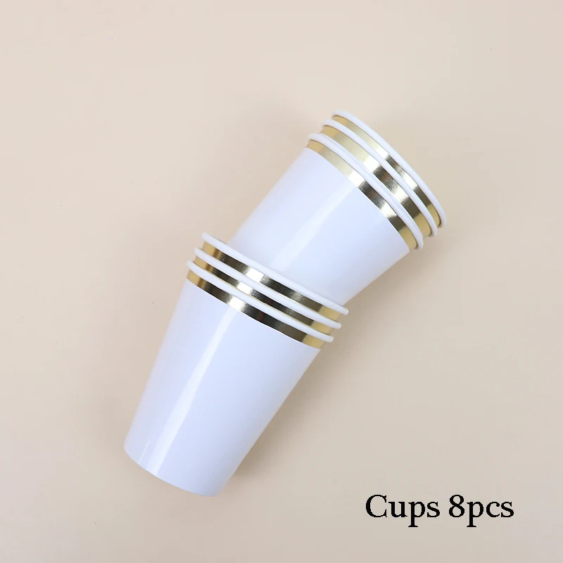 Cups 8pcs Белые одноразовые столовые приборы, вечерние, золотые, бумажные тарелки, стакан с соломинкой, для первого дня рождения, вечеринки, свадьбы, декор для детей, детские вечерние принадлежности - Цвет: Cups 8pcs