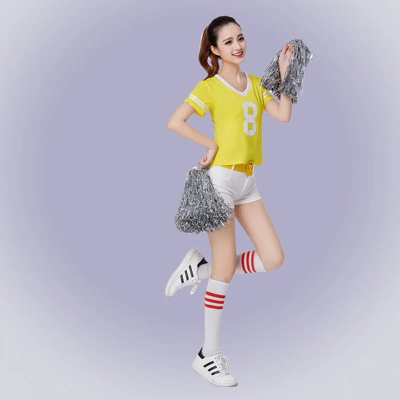 Новые костюмы для чирлидинга для девочек, спортивный игровой костюм с коротким рукавом, 6 цветов, женская школьная форма, комплект из топа и юбки, одежда для подростков - Цвет: Yellow Style2