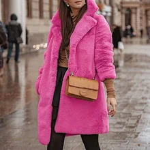 Женское зимнее пальто из искусственного меха розового и красного цвета с отложным воротником, теплая верхняя одежда для женщин, корейские модные плотные пальто для женщин