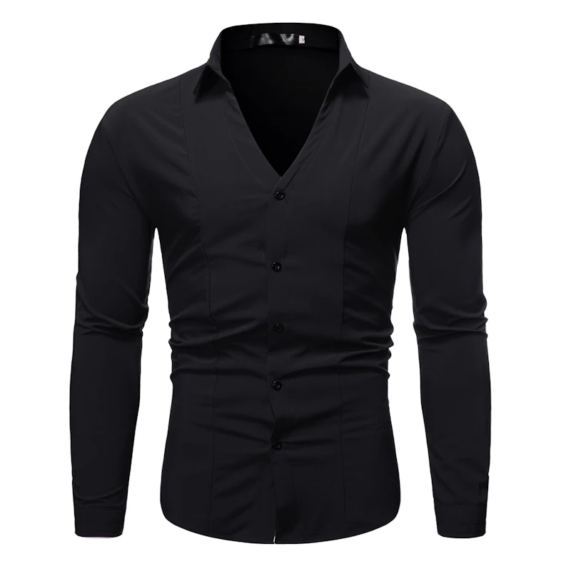 

Men Shirt 2020 New Tuxedo Shirt Fashion V-neck Solid Business Dress Shirt Men Camisa Social Brand Long-sleeved Shirt