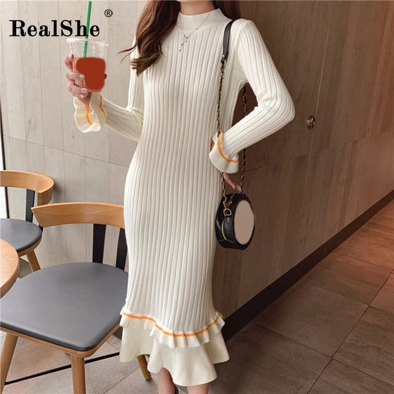 

RealShe Sweater Women O-Neck Full Flare Sleeve Knitted Ruffles Fall Sweaters Dress Autumn Winter Sweater Pullover Women Wool