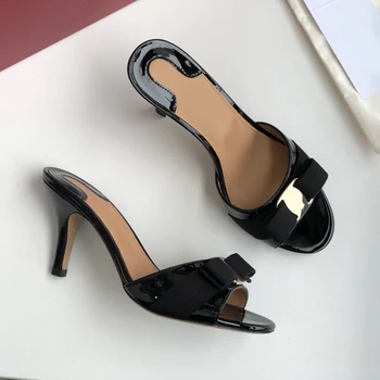 

Classic brand ladies slippers ladies high-quality summer leather slippers, outdoor high-heeled elegant slippers, bow slippers