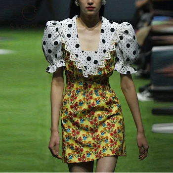 

SEQINYY Slim Mini Dress 2020 Summer Spring New Fashion Design Women Short Sleeve Dot Flowers Print Yellow Dress