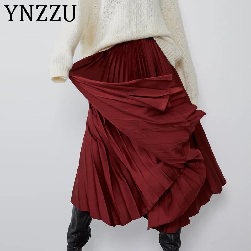 YNZZU 2010 дизайн нерегулярная Красная атласная длинная юбка Женская высокая талия плиссированная драпировка женские юбки уличная нижняя часть AB234