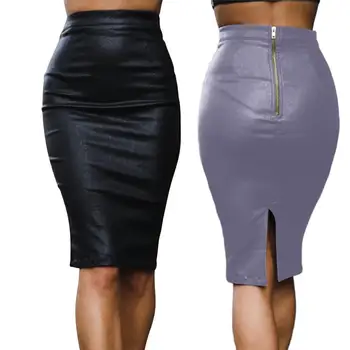 

Women Girls PU Leather Pencil Skirt Back Slit Plain High Waist Slim Hip Vintage Long Open Slit zipper Sexy Skirt Office Workwear