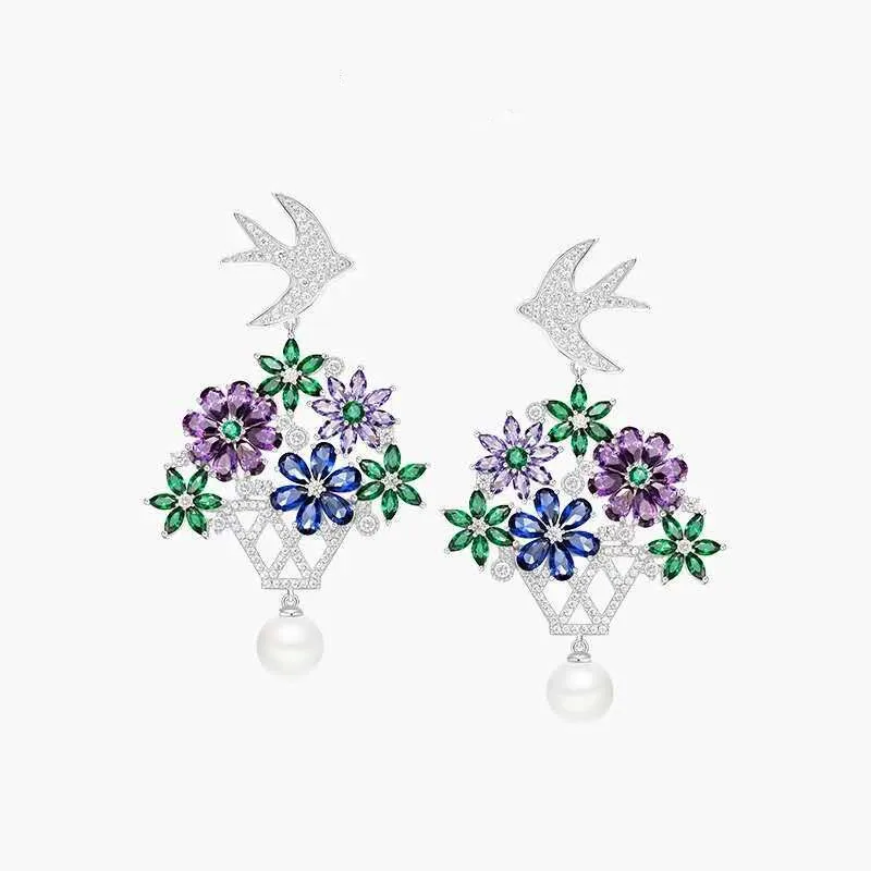 

Luxury Brand flowers-de-luce swallow pearl earrings 925 sterling silver zircons Irises flower basket HF drop earrings for girls