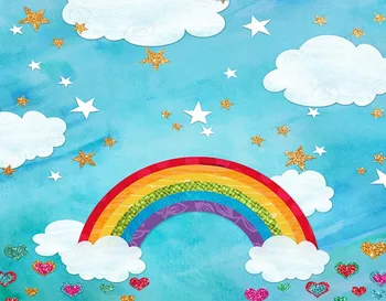 

Blue Sky white Clouds Rainbow Backdrop for Newborn Photography Printed Gold Stars Baby Kids Photo Shoot Background