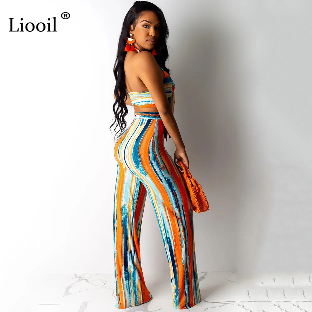 Liooil Tie Dye/комплект из 2 предметов, оранжевый, с открытой спиной, сексуальный, Холтер, принт, комбинезоны,, без рукавов, v-образный вырез, вечерние, Клубные комбинезоны, женский комбинезон