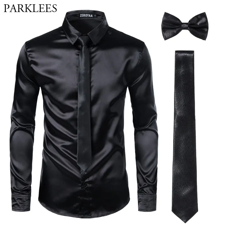 Черные мужские шелковые рубашки 3 шт.(рубашка+ галстук-бабочка) гладкая атласная рубашка мужская облегающая Повседневная рубашка для выпускного вечера