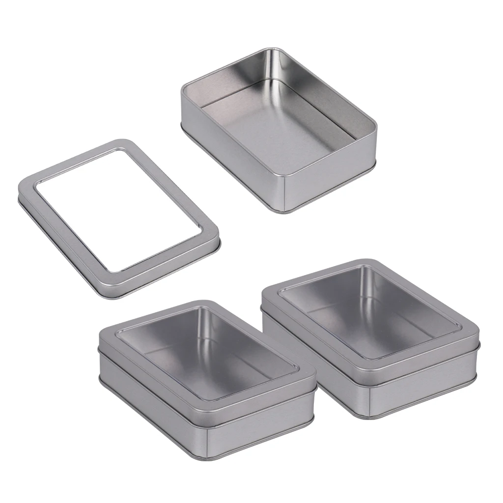 3x Rectangle Tin Storage With Window Lids Small Parts Beads Storage Case Box