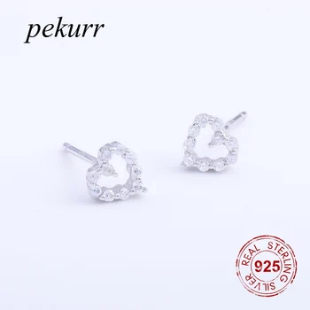 

Pekurr 925 Sterling Silver Hollow Zircon Bead Side Love Heart Stud Earring For Women Fashion Jewelry Girl Romantic Lover Gift