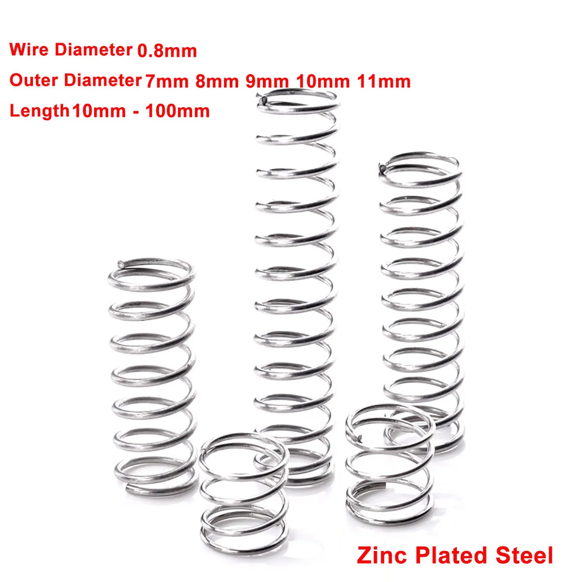 

10Pc Zinc Plated Steel Compression Spring Wire Dia 0.8mm Y-Type Rotor Return Spring Pressure Spring OD 7mm-11mm Length 10-100mm