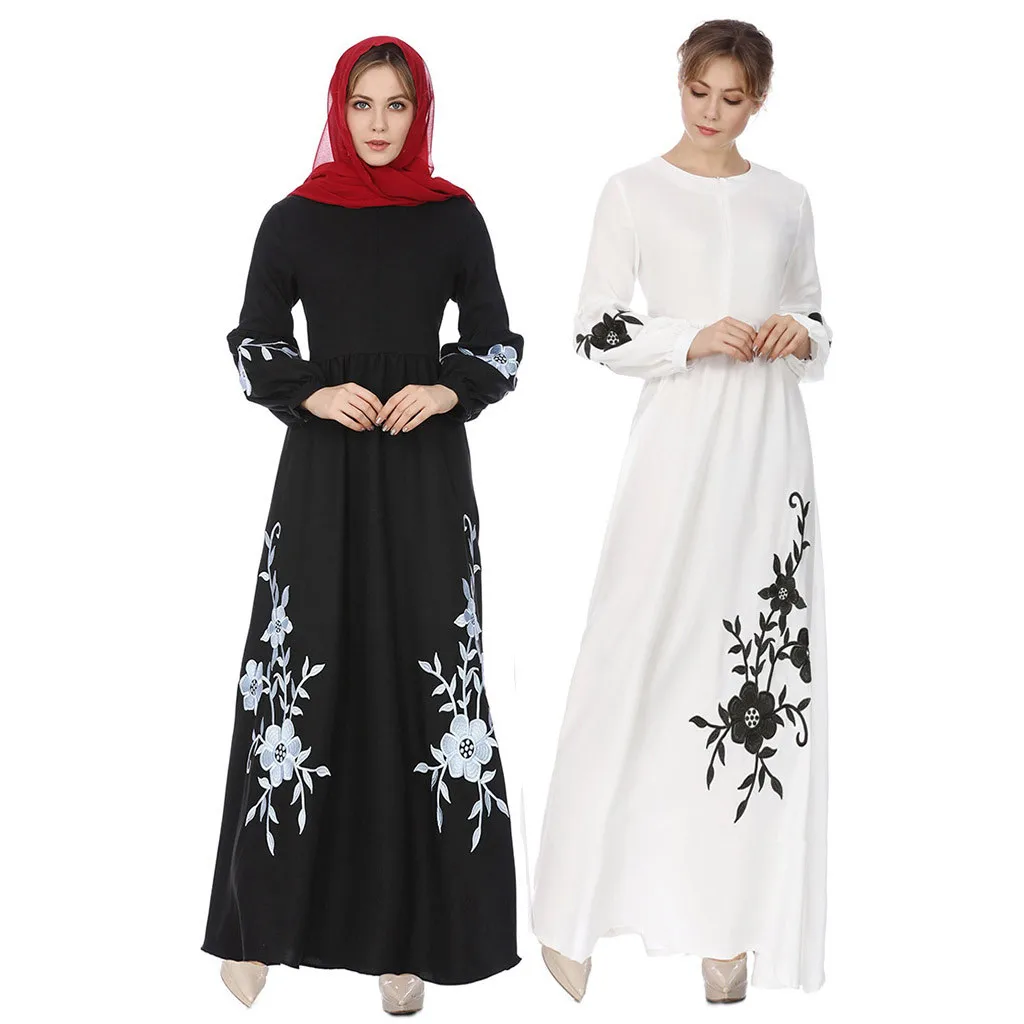 2019 мода мусульманский шифон с длинным рукавом платье длинный свитер большой размер вышитое платье