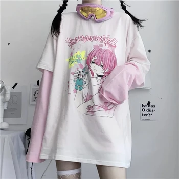 Camiseta de manga larga de dos piezas falsas para mujer, camisa holgada con estampado de dibujos animados para chica, estilo universitario japonés, otoño 1
