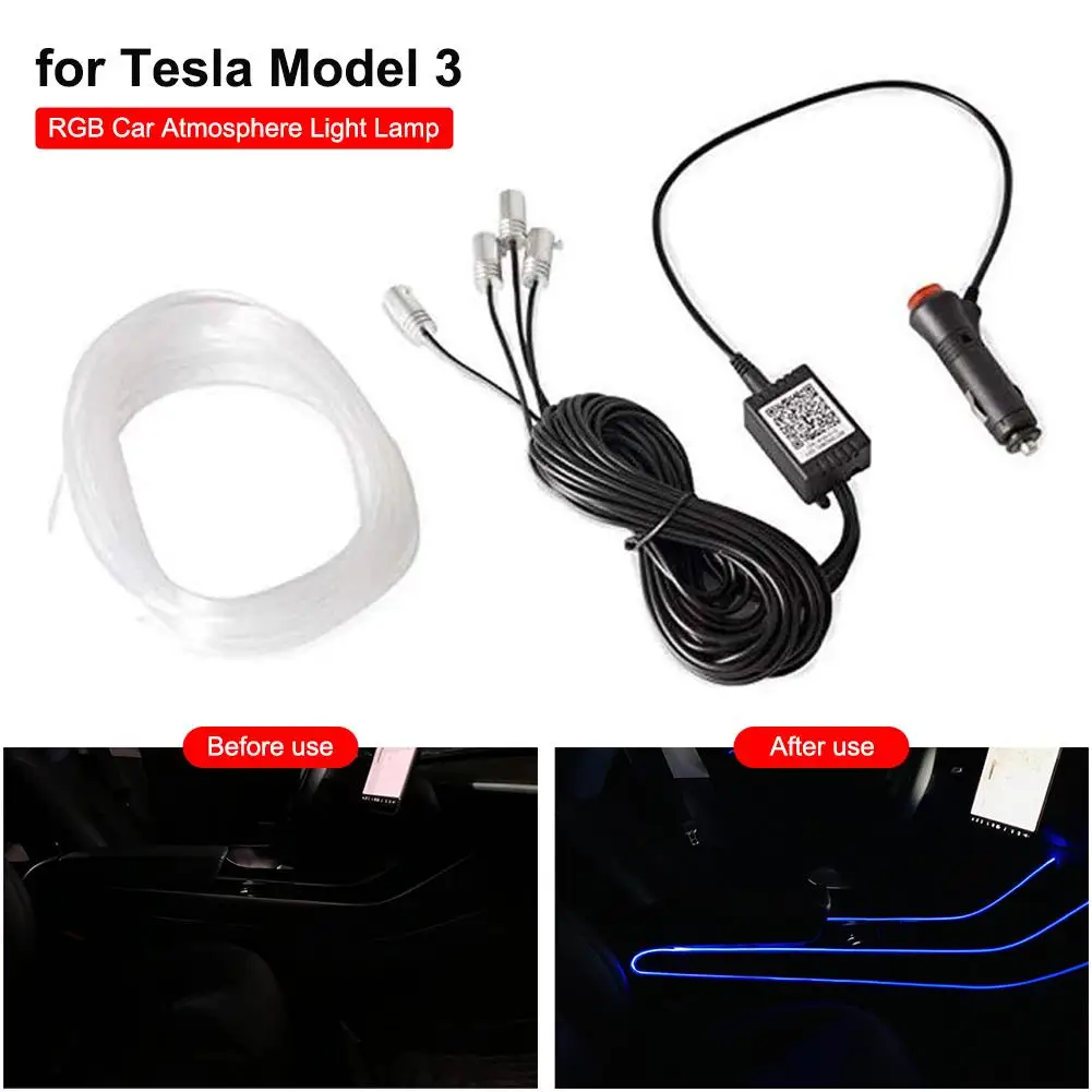 

For Tesla Model 3 Colorful Sound-activated Atmosphere Lamp RGB LED Strip Light With App Controller 12V Cigarette Lighter
