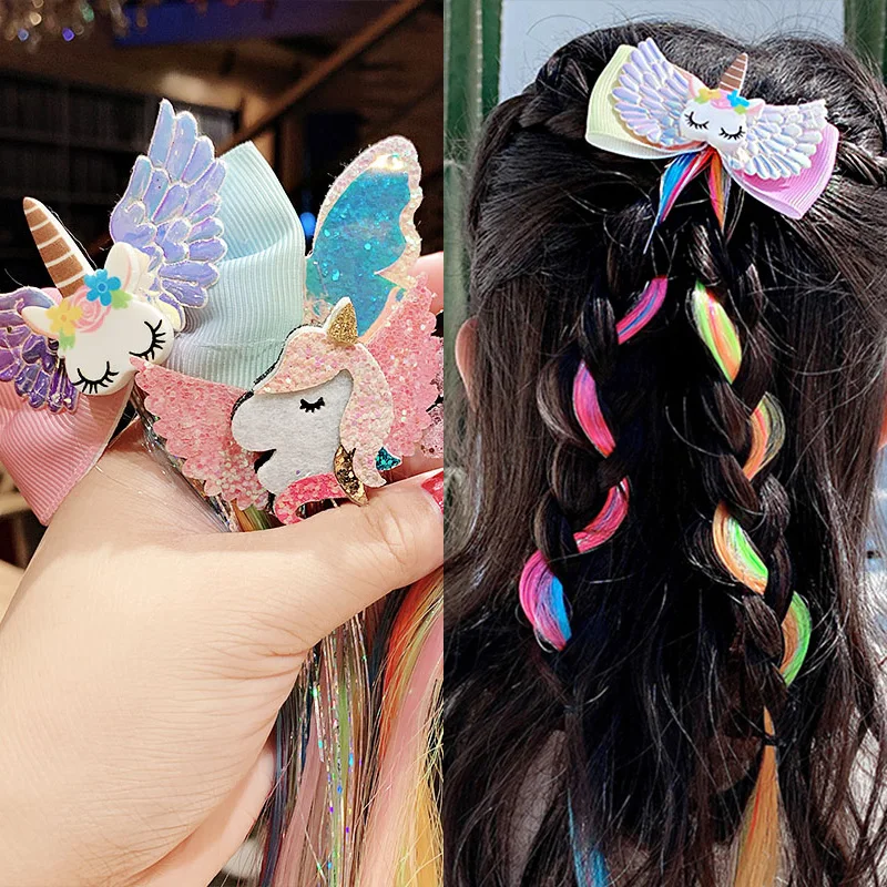 3" Cartoon Unicorn Party Glitter Hair Clips Long Wig Hairgrips Kids Headdress