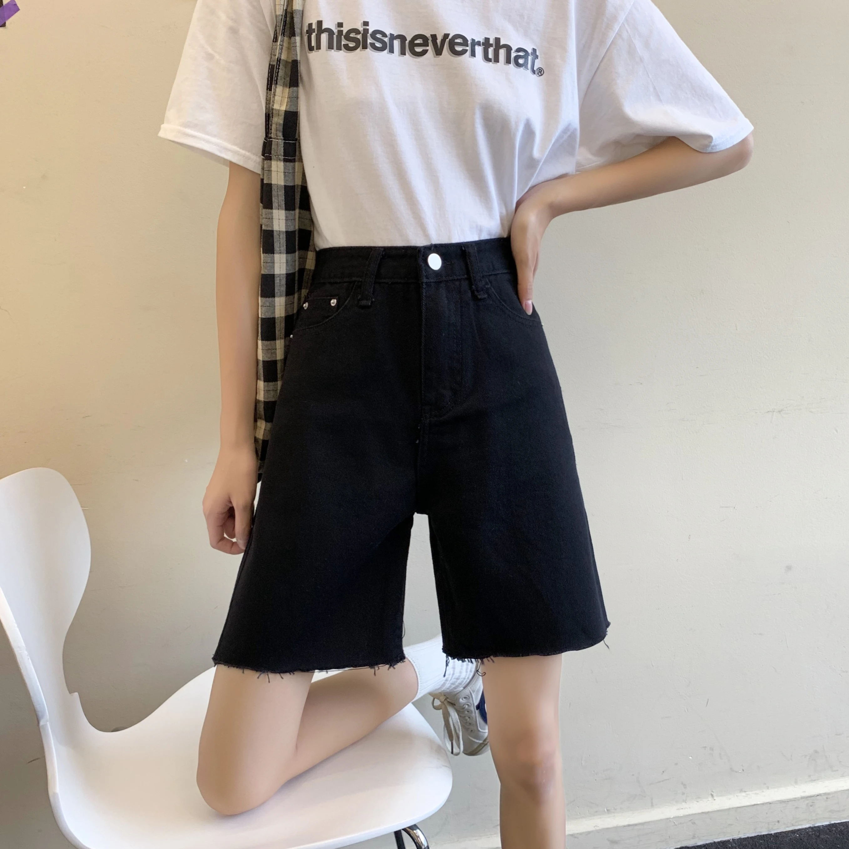 High Waist Denim Shorts Women Half Long Summer Plus Size Pocket Streetwear Ripped jeans Short Female Femme Short Pants Women