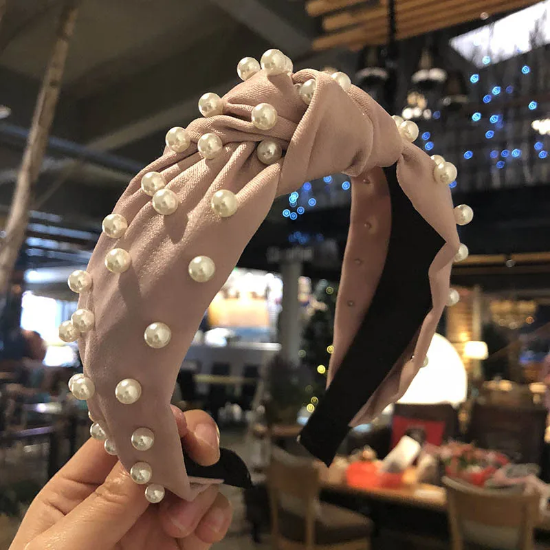 Pink Geebro Мода корейский широкий обруч жемчужный для женщин ободок простые связанные в узел волосы петля Женская повязка для волос аксессуары для волос для девушек аксессуары - Цвет: Pink