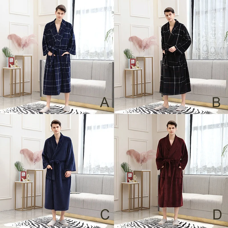 Autumn And Winter Robe Solid Color Lace-up Flannel Couple Nightgown Pocket Long Home Robe