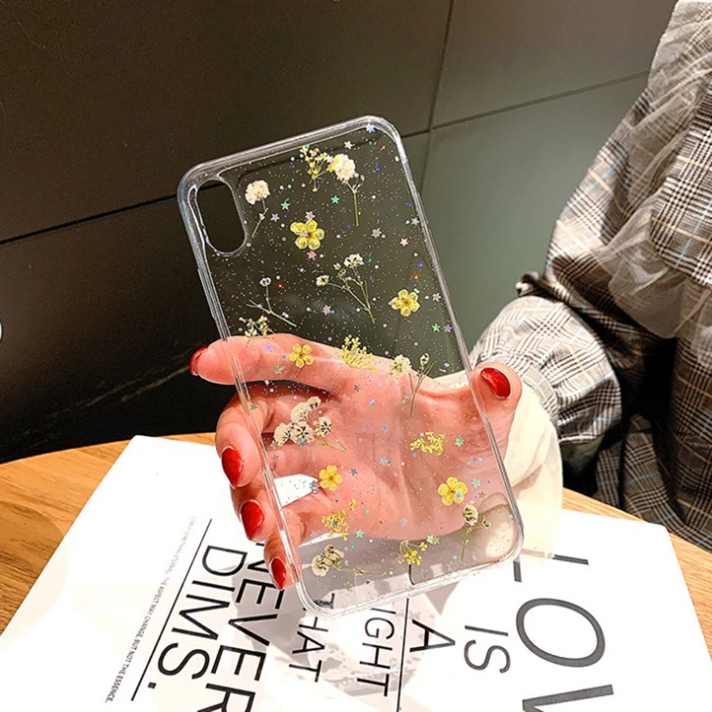 Прозрачный мягкий чехол из ТПУ с натуральным высушенным цветком для iPhone 11 Pro X XS XR