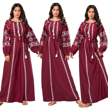 

Fashion Women Embroidery Puff Sleeve Long Maxi Dress Abaya Muslim Ethnic Kaftan Islamic Party Robe Loose Plus Size Arab Gown New