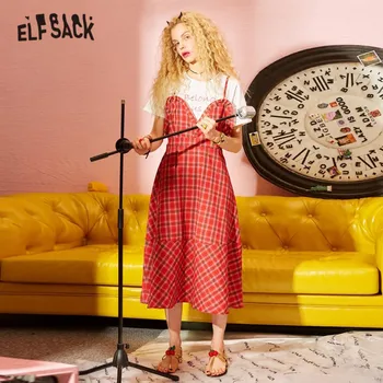 

ELFSACK Red Plaid Letter Print Casual Pullover Women Ruffle Matching Sets 2020 Summer ELF Navy Blue Korean Ladies 2 Piece Suits