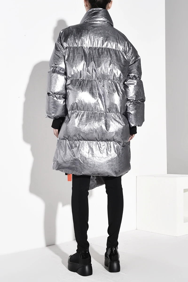 [EAM] Асимметричное пальто с хлопковой подкладкой с лентами, с длинным рукавом, свободный крой, женские парки, модная новинка, Осень-зима 2019