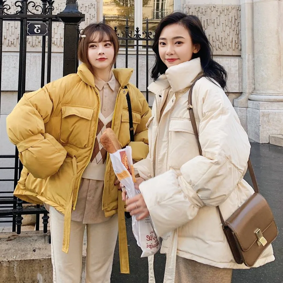 

Photo Shoot Main Push CHIC Sweet Drawstring Short Loose-Fit Stand Collar down Coat Waist Hugging Short-height Best Friend Cotton