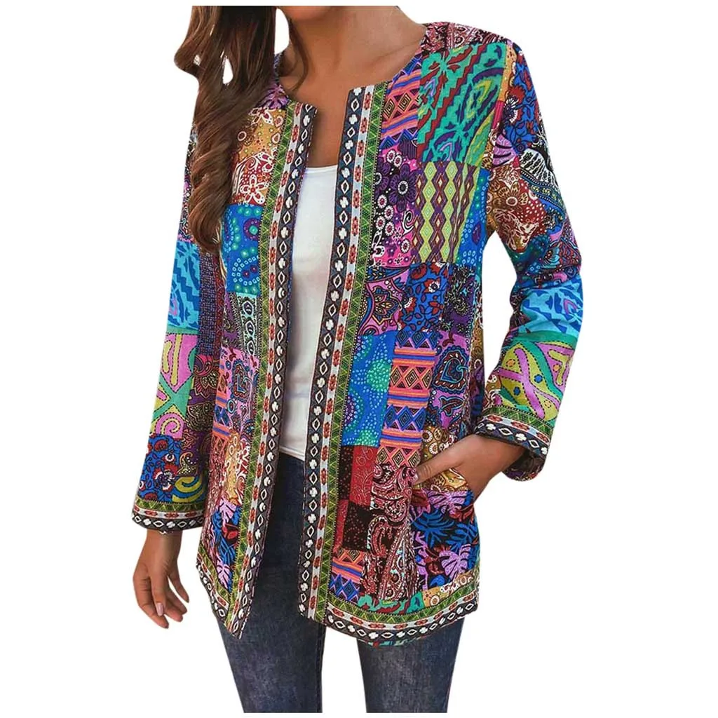 Cárdigan con estampado étnico para mujer, abrigos finos, Blusas de manga larga, chaquetas informales con cuello redondo, abrigos de talla grande 6xl, 2020